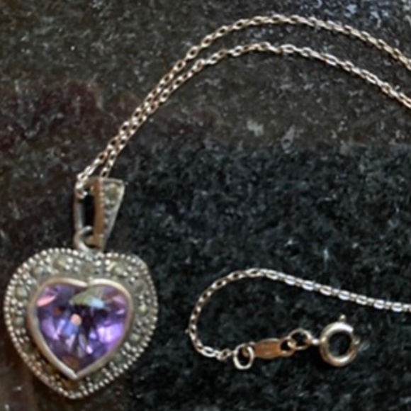 Sterling Silver Marcasite & Amethyst Heart Necklace - Picture 2 of 7